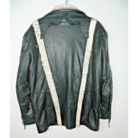 Vintage D. Frank Jacket Men Size‎ X-Large Black Leather White Fur Fringed Beaded - Picture 2 of 14